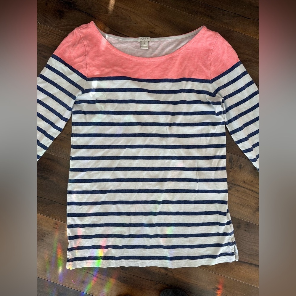 J Crew Striped Boatneck Top Pink Navy White Preppy Coastal Small - Picture 2 of 4